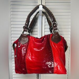 Pauric Sweeney Women's Red Water Snake Skin Leather Shoulder Bag Brown Straps